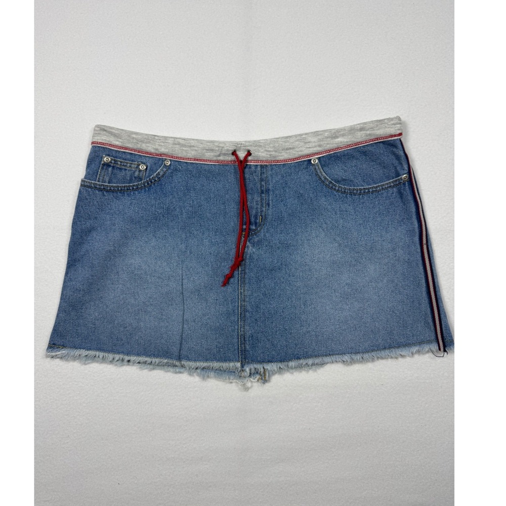Y2K Sporty Michael G Denim Mini Skirt Women Size 9 Blue‎ Side Stripe Raw Hem